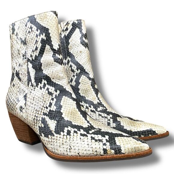 Matisse Leather Snake Print Boots Sz 7.5 Pointed Toe Block Heel Side Zip Western - Picture 1 of 12